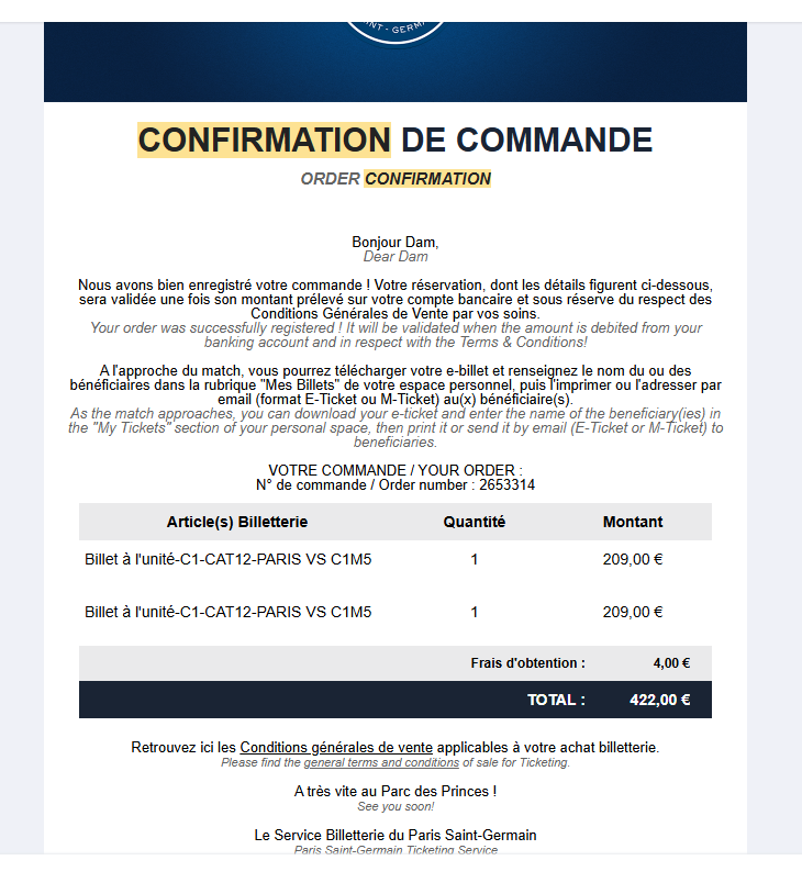 unfairzz's tweet photo. Bonjour,

Je vends 2 places pour PSG - CHELSEA en dessous du prix d'achat.

CAT12 - Borelli 423 - 180e unité

Preuve d'achat disponibles. Attribution à votre nom bien entendu.
Ne pas hésiter à me DM pour plus d'informations. Merci

#psg #chelsea #ticket #championsleague #match https://t.co/eI7uIu5q1H