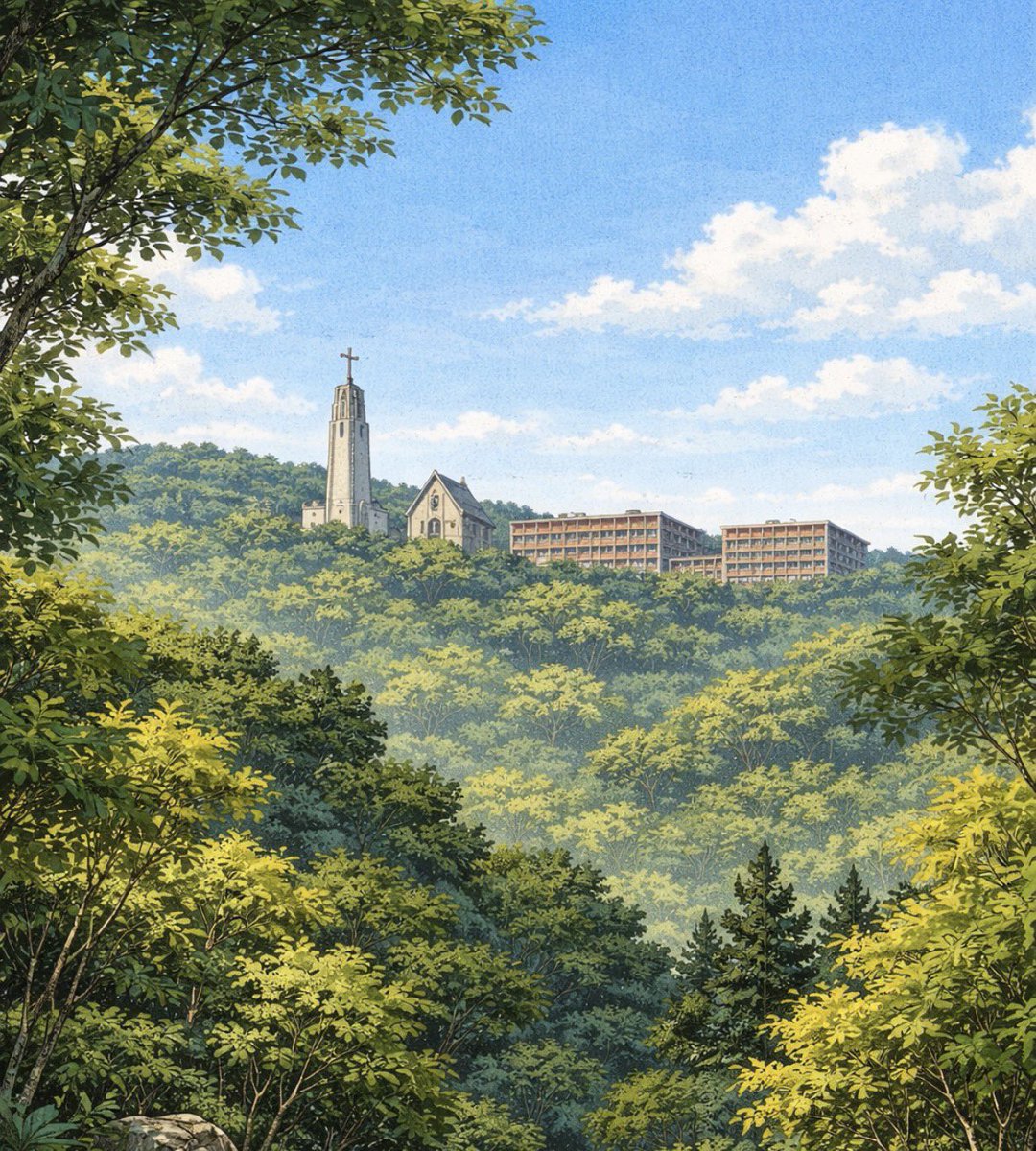 chigakuniki's tweet photo. 俺のじいちゃんが南山大学を建てた人(物理的に大工として)なんやけど、まだ住宅開発が進む前の山々しかった時代で、見上げると教会の十字架が見えて神秘的だったらしい(ChatGPTイラストイメージ)。今はただ坂がきついだけ。
 #春からライネルス神父 https://t.co/JQxDKkneiW