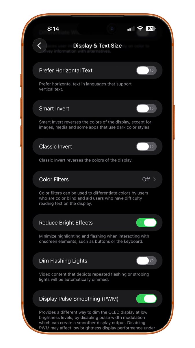 9techeleven's tweet photo. iOS 26.4 Beta 4 adds a new choice under 
 Accessibility - Display & Text Size - Reduce Bright Effects 
replacing what was previously available (in iOS 26.4 Beta 4) as Reduce Highlighting Effects. 
Apple describes this with: “Minimize highlighting and flashing when interacting with onscreen elements.”
