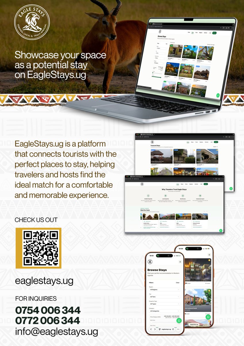 <a href="/eaglestay/">eagle stay</a> is a platform that connects tourists with the perfect places to stay helping travelers and hosts find the ideal match for a comfortable and memorable experience. 
<a href="/Almeida_UG/">George Almeida BWAMBALE</a> 
<a href="/BiiraSafaris/">BIIRA TRAVEL SAFARIS</a>