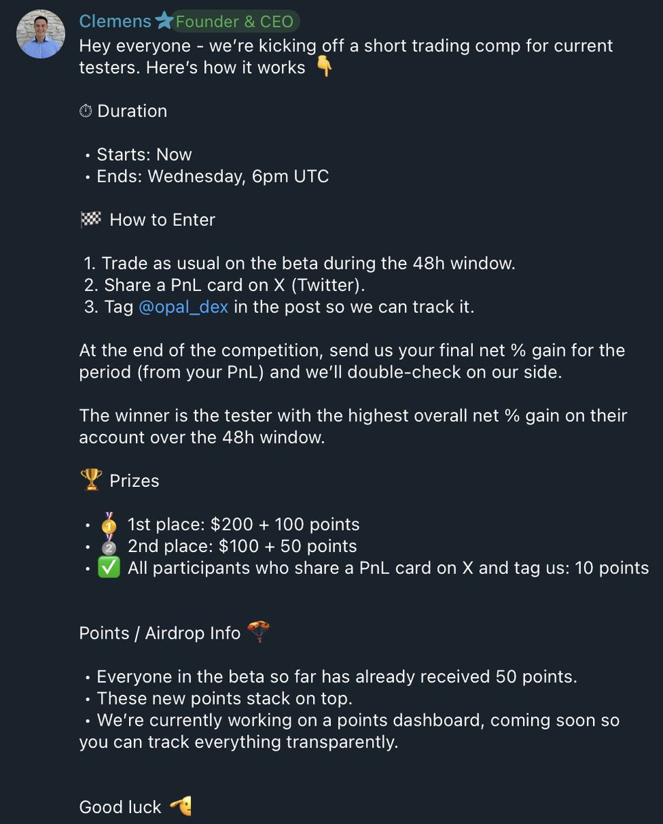 HAPPENING NOW! You got 48 hours!

<a href="/opal_dex/">Opal Exchange</a> is kicking off a short trading comp for their Beta Testers. Besides winning $$$, they also compete for Airdrop points!👀

Official announcement: x.com/opal_dex/statu…