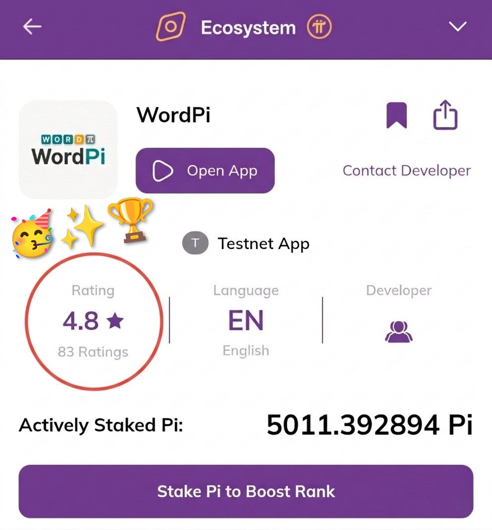 PlayWordPi's tweet photo. 🙏THANK YOU to everyone supporting #WordPi game! 🎮

🤩 Rating: At 4.8 stars from 83 KYC-verified Pioneers!
📈 Staking: Officially in the Top 100 apps in the App Studio category!

Want to give it a try?
🔎 Just search for "WordPi" in the Pi Browser or use the link.👇

#PiNetwork https://t.co/4c8KEVPI0U