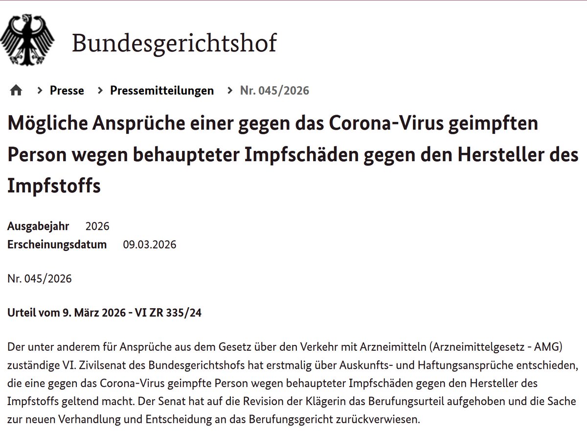Impfgeschädigte gewinnt beim BGH
Pia Aksoy verklagte AstraZeneca nach anerkanntem Impfschaden. Beim LG und OLG unterlag sie, jetzt hat der BGH die Sache zurückverwiesen.

Hintergrund: Das Urteil ist noch nicht veröffentlicht. Es geht darum, dass Impfhersteller haftbar gemacht