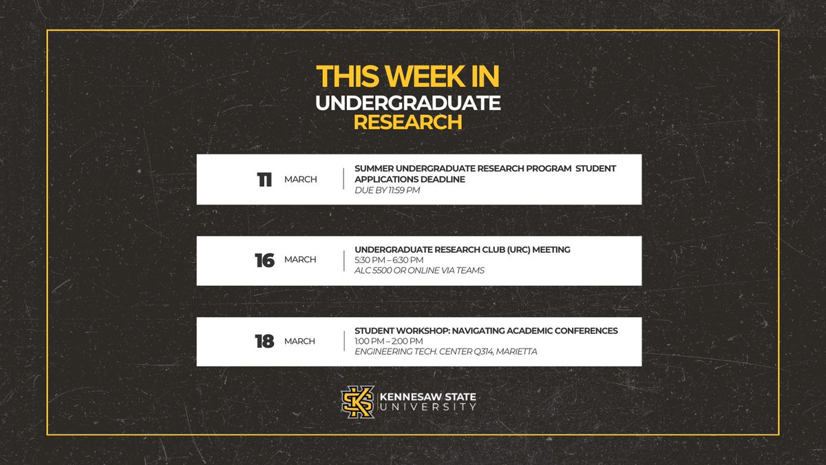 KSUresearch's tweet photo. 🌱Let your research goals blossom by springing forward with us! Keep an eye on these important dates!

Keep an eye on our calendar for more workshops, webinars, deadlines, and events.

#KennesawState #KSUResearch #UndergraduateResearch #StudentLife #AcademicResearch https://t.co/gOME1SVSV6