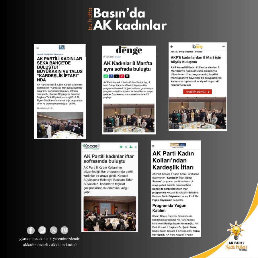 Bu hafta basında Ak Kadınlar;

bugunkocaeli.com.tr/kocaelide-8-ma…

kocaelidenge.com/amp/haber/2759…

ozgunkocaeli.com.tr/baskan-buyukak…

kocaelicinar.com/ak-partili-kad…

kocaelibarisgazetesi.com/amp/gundem/akp…

<a href="/Akparti/">AK Parti</a> 
<a href="/tugbaisikercan/">Tuğba IŞIK ERCAN</a> 
<a href="/AKKADINGM/">AK Parti Kadın Kolları</a> 
<a href="/yyaseminozdemir/">Yasemin Özdemir 🇹🇷🇹🇷🇹🇷</a>