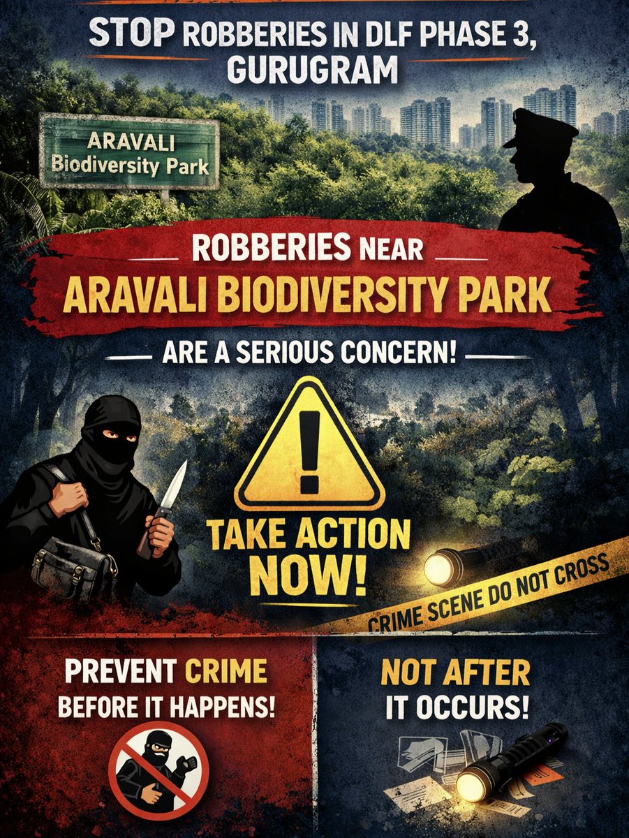 Robberies near Aravali Biodiversity Park in DLF Phase 3 #Gurugram are becoming a serious concern. I request the <a href="/DGPHaryana/">DGP Haryana Police</a> to direct strict preventive action so that such crimes are stopped before they happen, rather than responding only after incidents occur. <a href="/gurgaonpolice/">Gurugram Police</a>