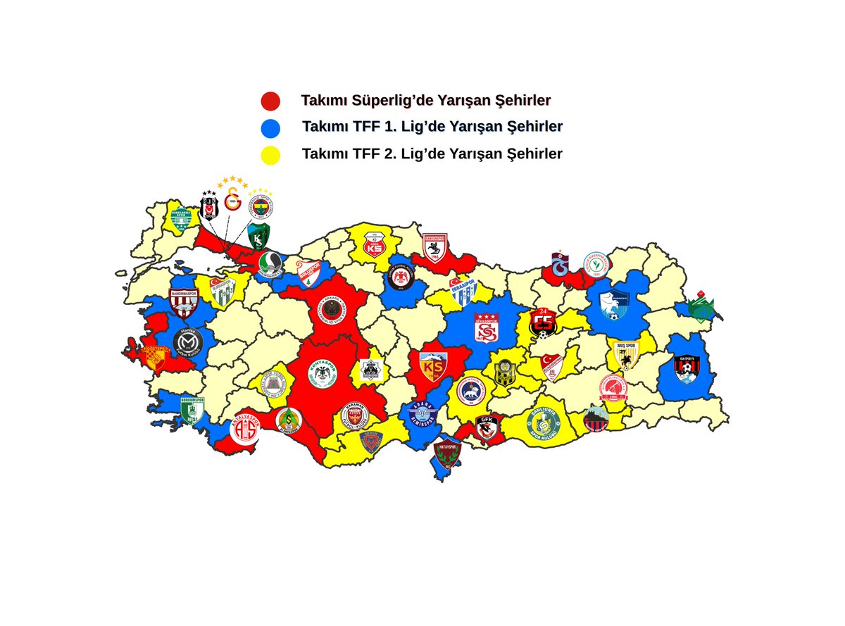 harita_lab's tweet photo. Bu harita, Türkiye genelinde profesyonel futbol kulüplerine ev sahipliği yapan şehirlerin mekânsal dağılışını göstermektedir. Logolar, TFF kayıtları esas alınarak hazırlanmış olup yalnızca tam profesyonel statüde mücadele eden ligler dikkate alınmıştır.👇 https://t.co/XxVxyBSrFn