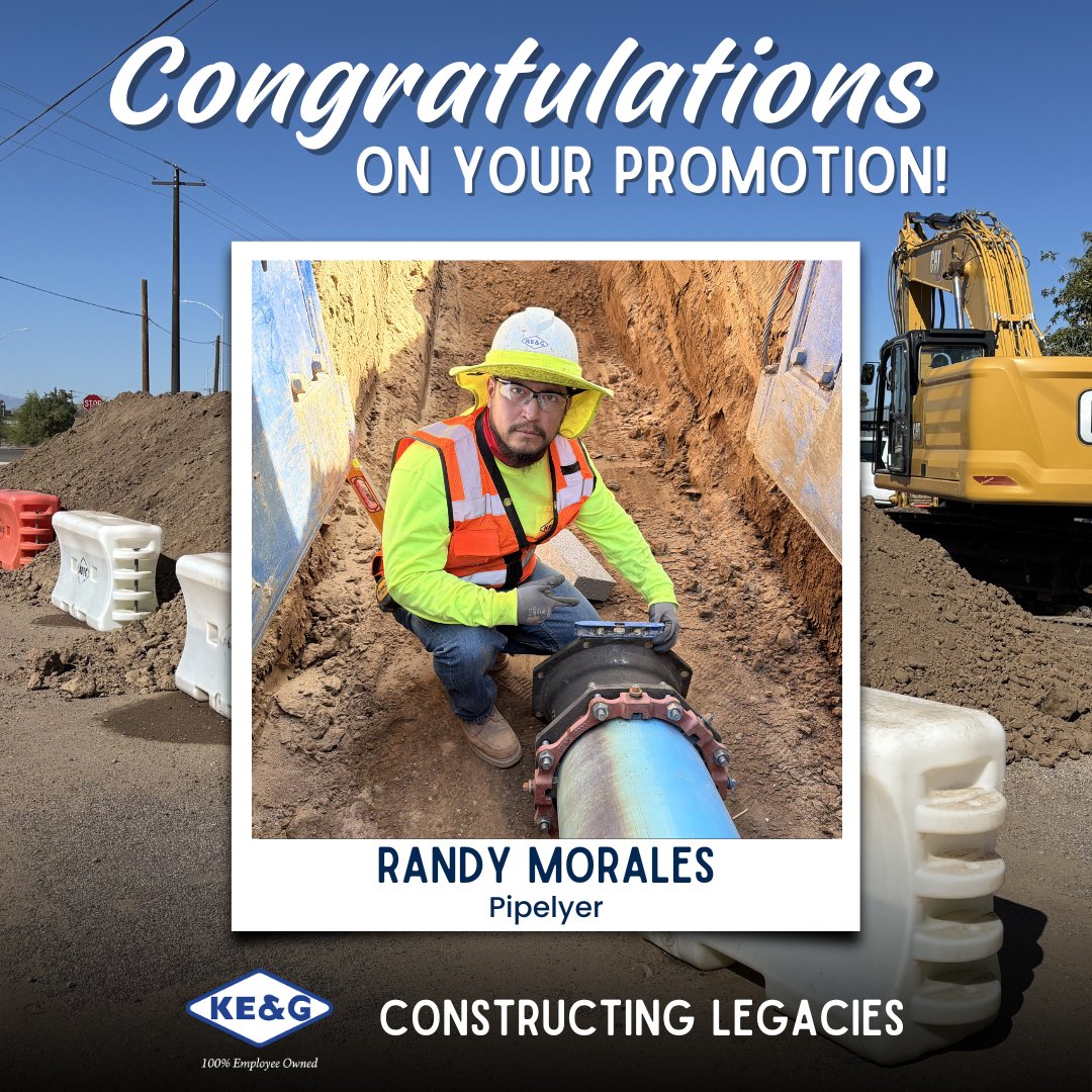 construction_ke's tweet photo. Please join us in congratulating Randy Morales on his promotion from Laborer to Pipelayer. Randy is part of our Southern Arizona Division, working in Safford.

#Promotion #PromoteFromWithin #KEGconstruction #HeavyCivilConstruction #ESOP #EmployeeOwnership #ConstructingLegacies https://t.co/o4Pql4wItC