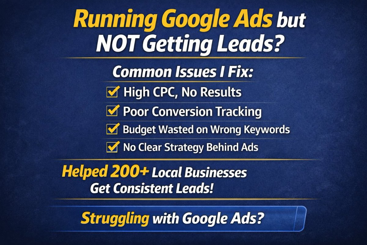 Most local service businesses run Google Ads… but still struggle to get real leads. Why?
Because running ads is easy.
Running profitable ads is a different game.

• High CPC but no quality leads
• Campaign running but conversions not tracked properly
• No clear strategy