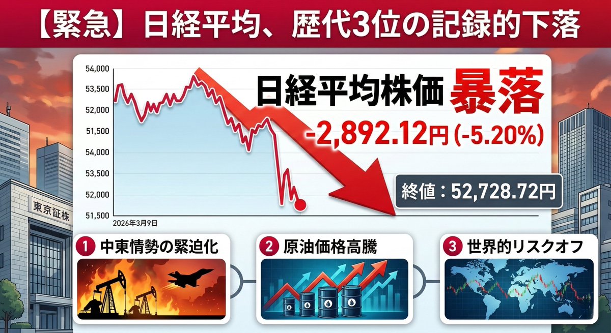 Corey3209's tweet photo. 日経-2,892円、歴代3位の下落幅😇
でもさ、正直言うと——
原油が110ドル超えて中東がまた燃えてる時点で
「なんで昨日まで買ってたの？」って話じゃない？
東証プライムの9割赤って、
みんなで仲良く沈んでる集団パニックじゃん。笑
半導体・輸出株ホルダーは今頃スマホ見たくないだろうけど、
地政学リスクを「対岸の火事」と思ってたツケが来ただけ。
「買い場だ！」とか言い出す人、絶対出てくるけど
底がどこかまだ誰も分かってないからね？🙂
現金最強って言ってたやつが今一番偉い。