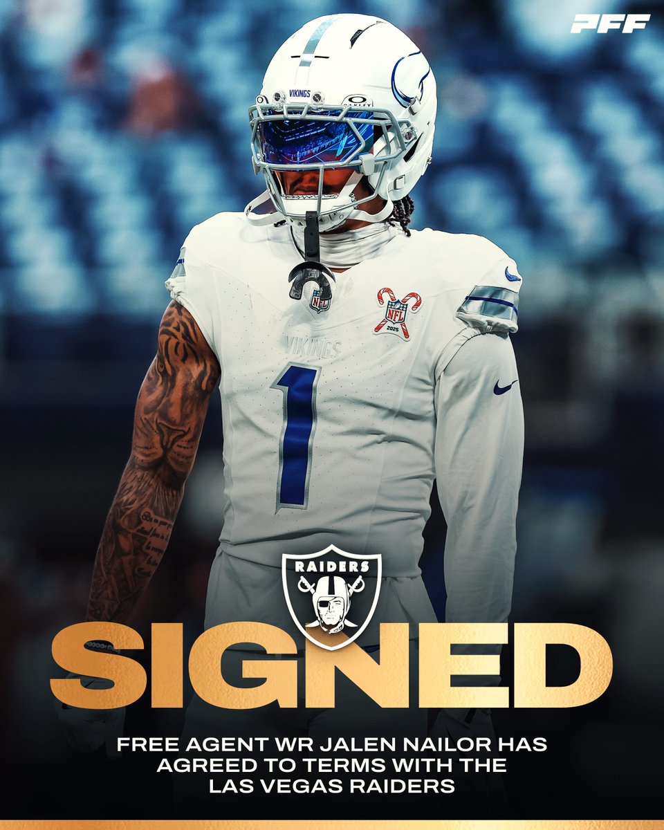 PFF's tweet photo. The Raiders are signing WR Jalen Nailor to a 3-year, $35M contract, per @AdamSchefter 

- 49 targets in 2025
- 1 dropped pass https://t.co/XaU9I3QhHu