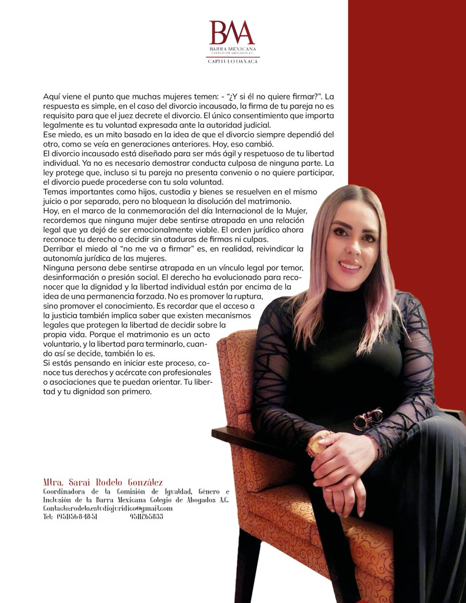 La Mtra. Saraí Rodelo González comparte en este artículo una reflexión necesaria sobre autonomía jurídica y el derecho de las mujeres a decidir sin miedo.

En el marco del #8M, seguimos abriendo espacio a voces que informan, orientan y fortalecen.

#BMA #AutonomíaJurídica