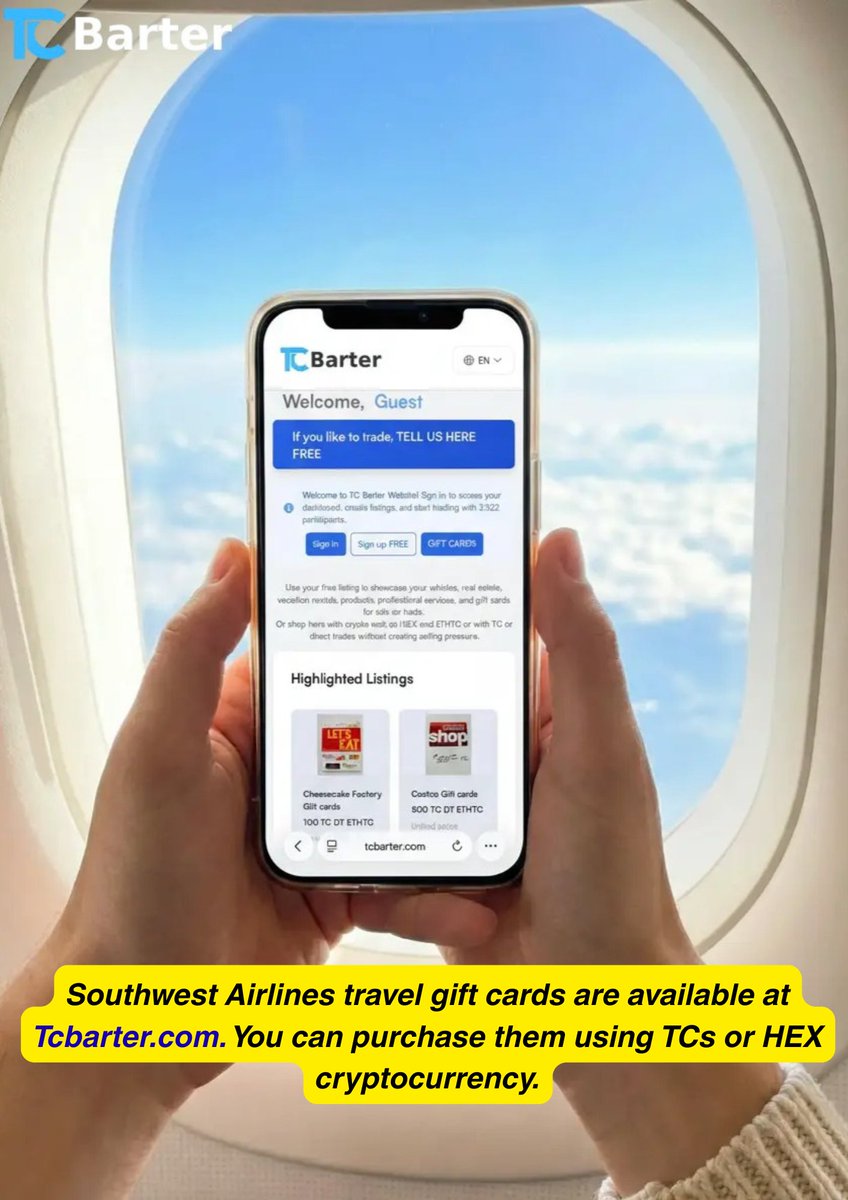 HarrisW78's tweet photo. ✈️ Southwest Airlines Travel Gift Cards available at https://t.co/Ayk7pSCdzG.
Buy easily using TCs or Cryptocurrency. Fast, secure, and simple.
#SouthwestAirlines #GiftCards #Crypto #HEX #CryptoPayments #TravelDeals #TCBarter #P2P https://t.co/ESYjViabSS