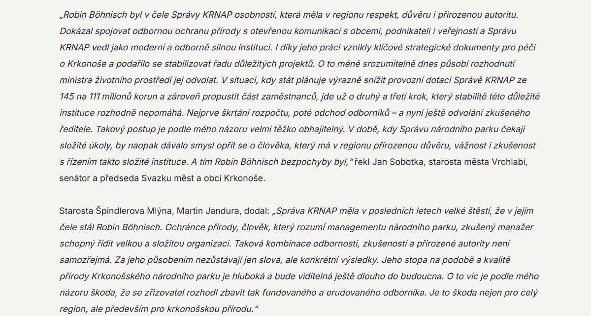 VojtechKotecky's tweet photo. Starostové Vrchlabí a Špindlerova Mlýna k odvolání ředitele Krkonošského národního parku @RobinBohnisch: https://t.co/s7yEndL6w2