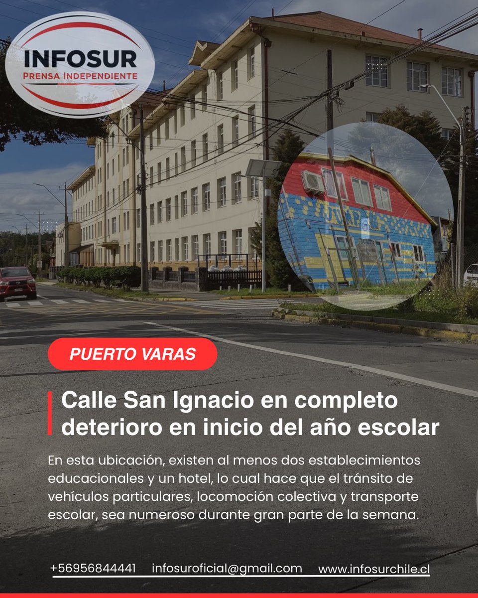 📍#PuertoVaras Calle San Ignacio en completo #Deterioro; #Pavimento quebrado en varios puntos donde además existen al menos dos #EstablecimientosEducacionales y un #Hotel, lo cual aumenta el #Tránsito de #Vehículos particulares, #LocomociónColectiva y #TransporteEscolar