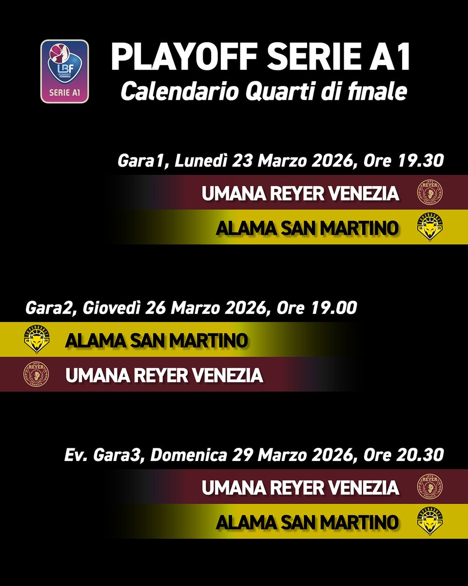 lupebasket's tweet photo. Stabiliti gli orari dei quarti di finale Playoff tra Alama San Martino e @REYER1872 , da segnare sul calendario! 🐺💪

🏀 Gara1: lunedì 23 marzo, h 19.30 (Taliercio)
🏀 Gara2: giovedì 26 marzo, h 19.00 (PalaLupe)
🏀 ev. Gara3: domenica 29 marzo, h 20.30 (Taliercio) https://t.co/X7ATZDRL9z