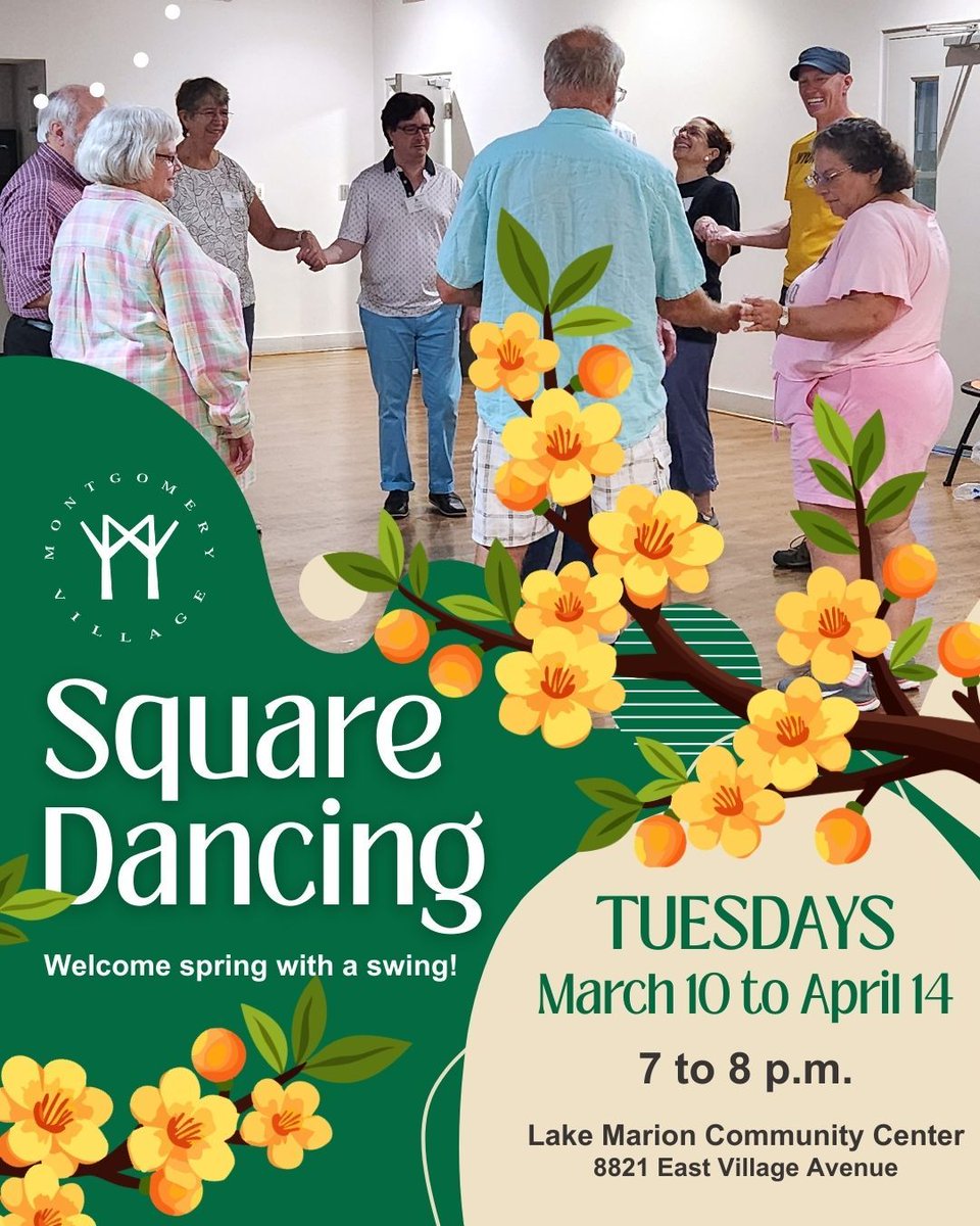 MontVillageMD's tweet image. 🌷 Step into spring with a swing – first class starts tomorrow!

Get ready to move, laugh and connect at #SquareDancing.💃🕺

📅 Tue., March 10 to April 14
⏰ 7 to 8 p.m.
📍 Lake Marion CC (8821 East Village Ave)
👥 Ages 13+

🌼 Dance with us this spring: tinyurl.com/SquareDance-Sp…