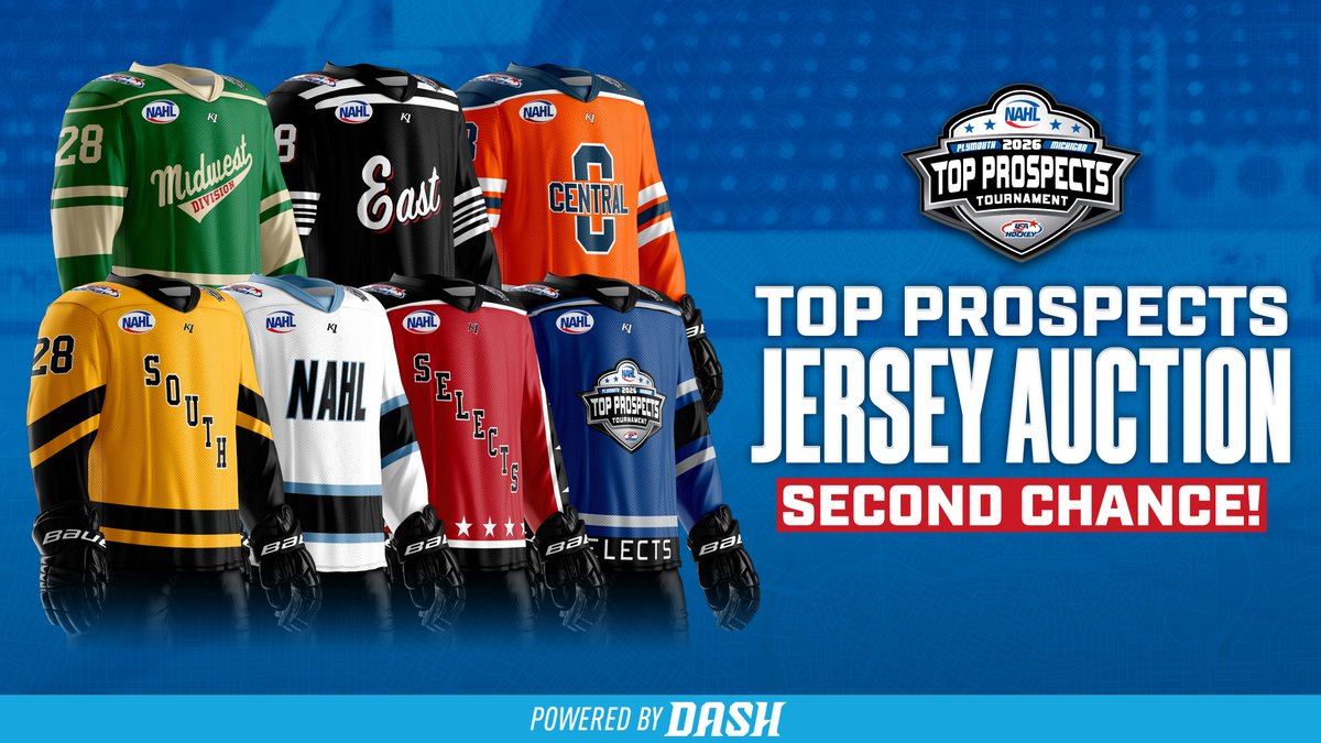 NAHLHockey's tweet photo. Second chance closes TONIGHT🚨

NAHL fans, head to the link below to bid on one of the few remaining NAHL #TopProspects Jerseys!

⏰: Auction ends at 11:59 P.M. 
➡️: https://t.co/rPBQhM0QSd https://t.co/2hrlPvapKC