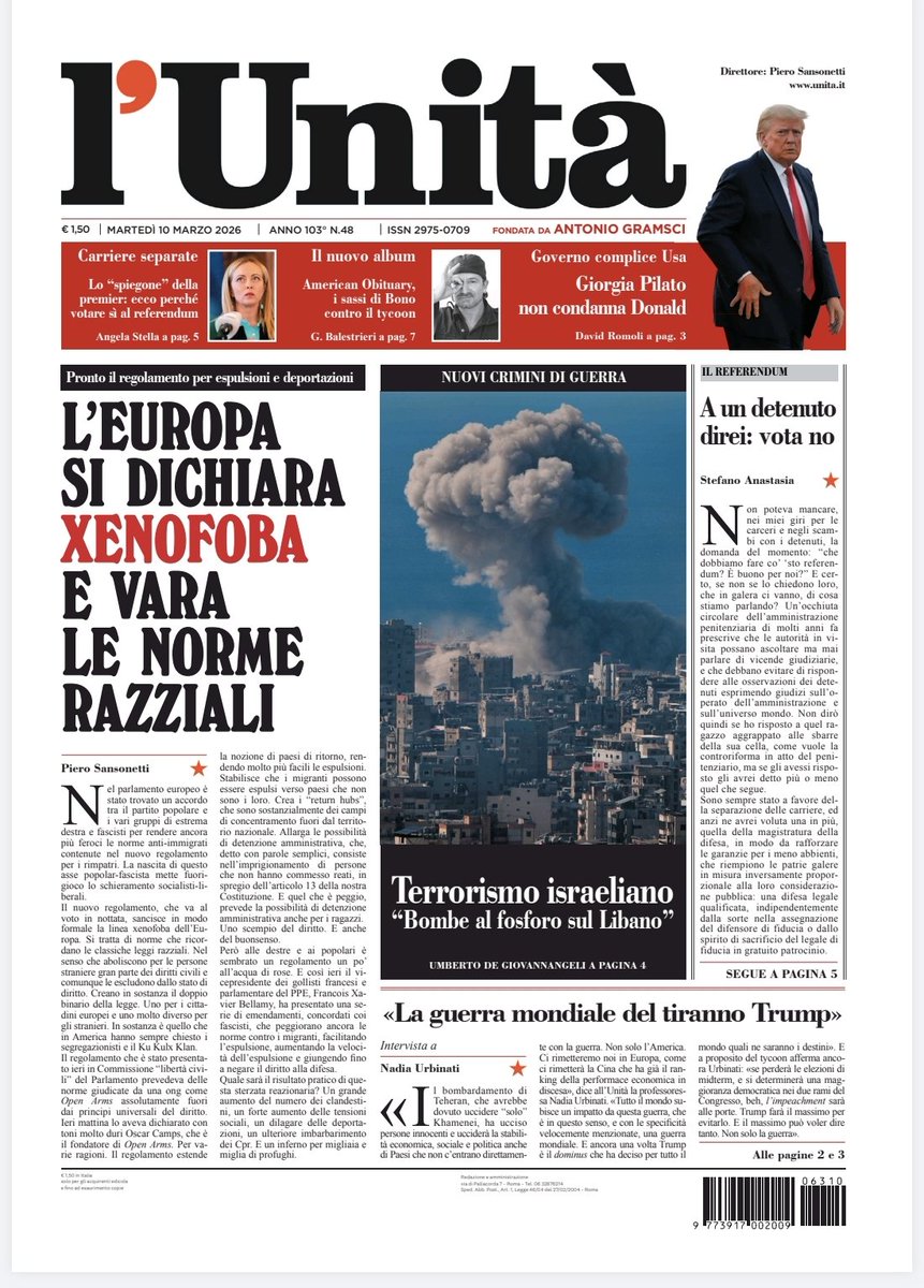 unitaonline's tweet image. 📰 La prima pagina dell’#Unità del #10marzo

Abbonati subito: bit.ly/ABBONATI-SUBITO