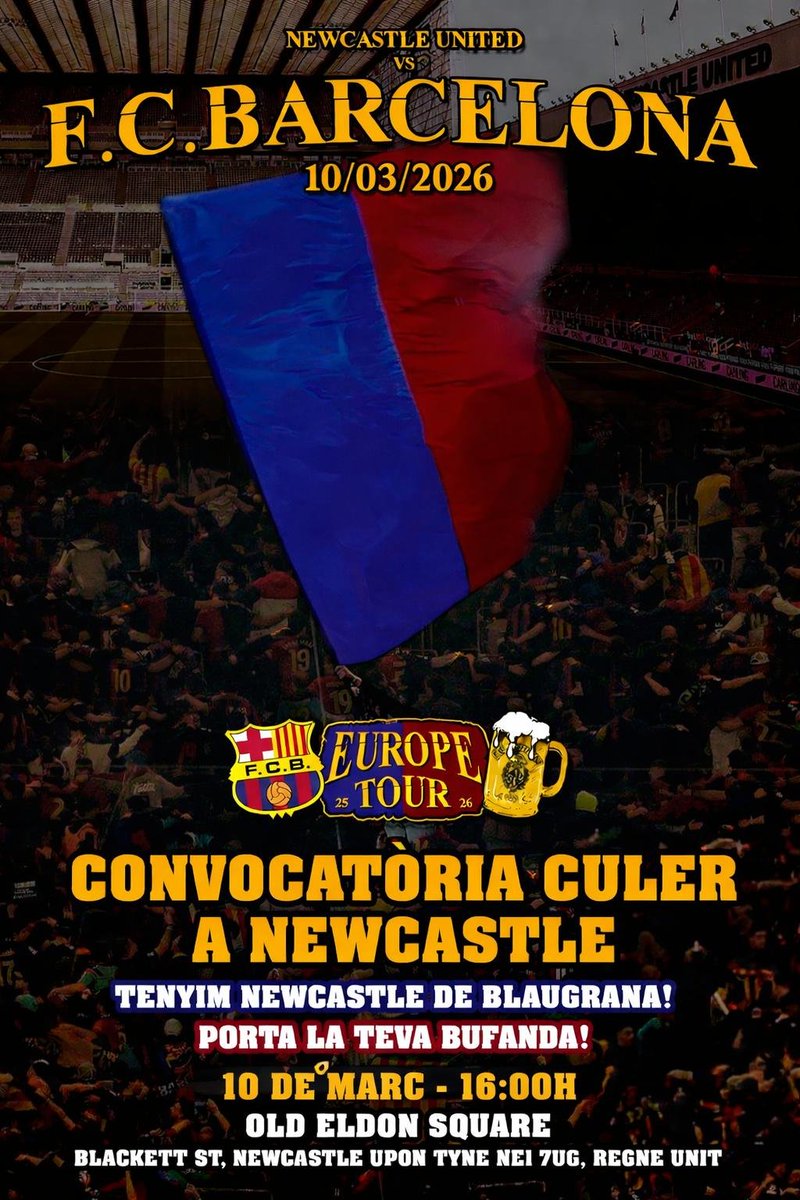 FCBGRADA's tweet photo. #NewcastleBarça

La previa de demà a Newcastle es fara en el mateix puesto que es fa ver a la lligueta. La plaça Old Eldon Square.

Important tornar amb un bon resultat a casa!

FORÇA BARÇA! https://t.co/z26deYbw0m
