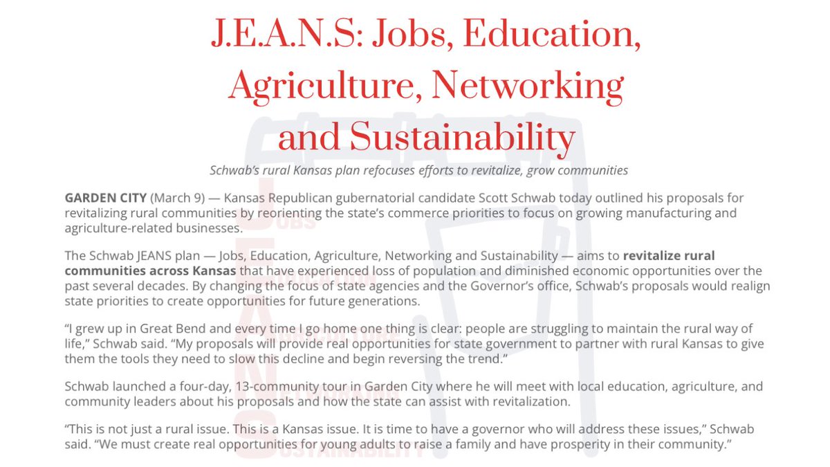 ScottSchwabKS's tweet image. RELEASE: Scott Schwab Announces JEANS Rural Revitalization Plan #ksleg 

scottschwab.com/j-e-a-n-s-jobs…