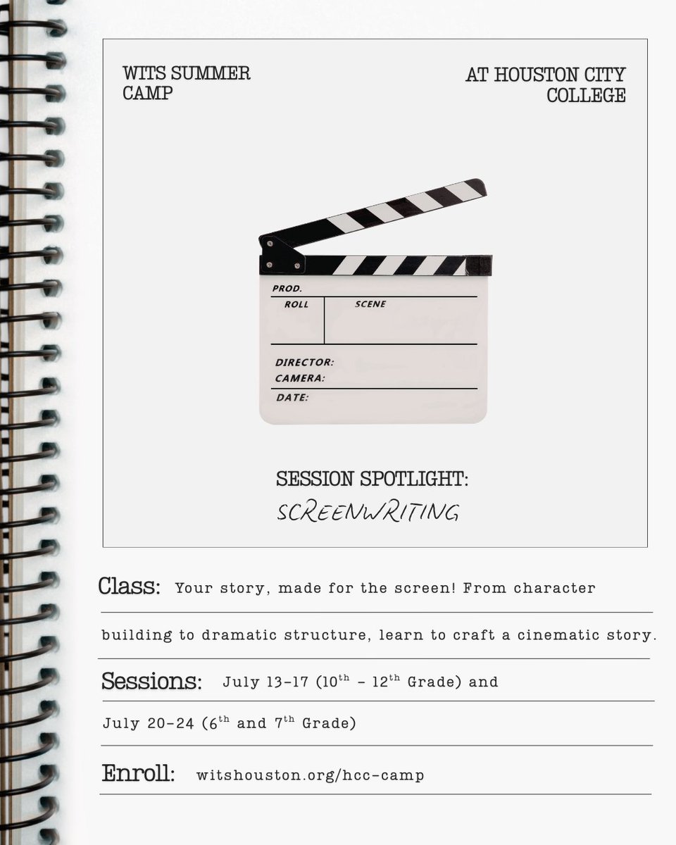 witshouston's tweet photo. Program spotlight! We have six exciting new WITS Creative Writing Camps offered this summer at Houston City College's state-of-the-art West Loop campus! Summer enrollment is underway. See https://t.co/8OmKI4QTV8 for details. 
#WITShouston #Houstonsummercamp #Houstonwriters https://t.co/YO9DF2X6ri