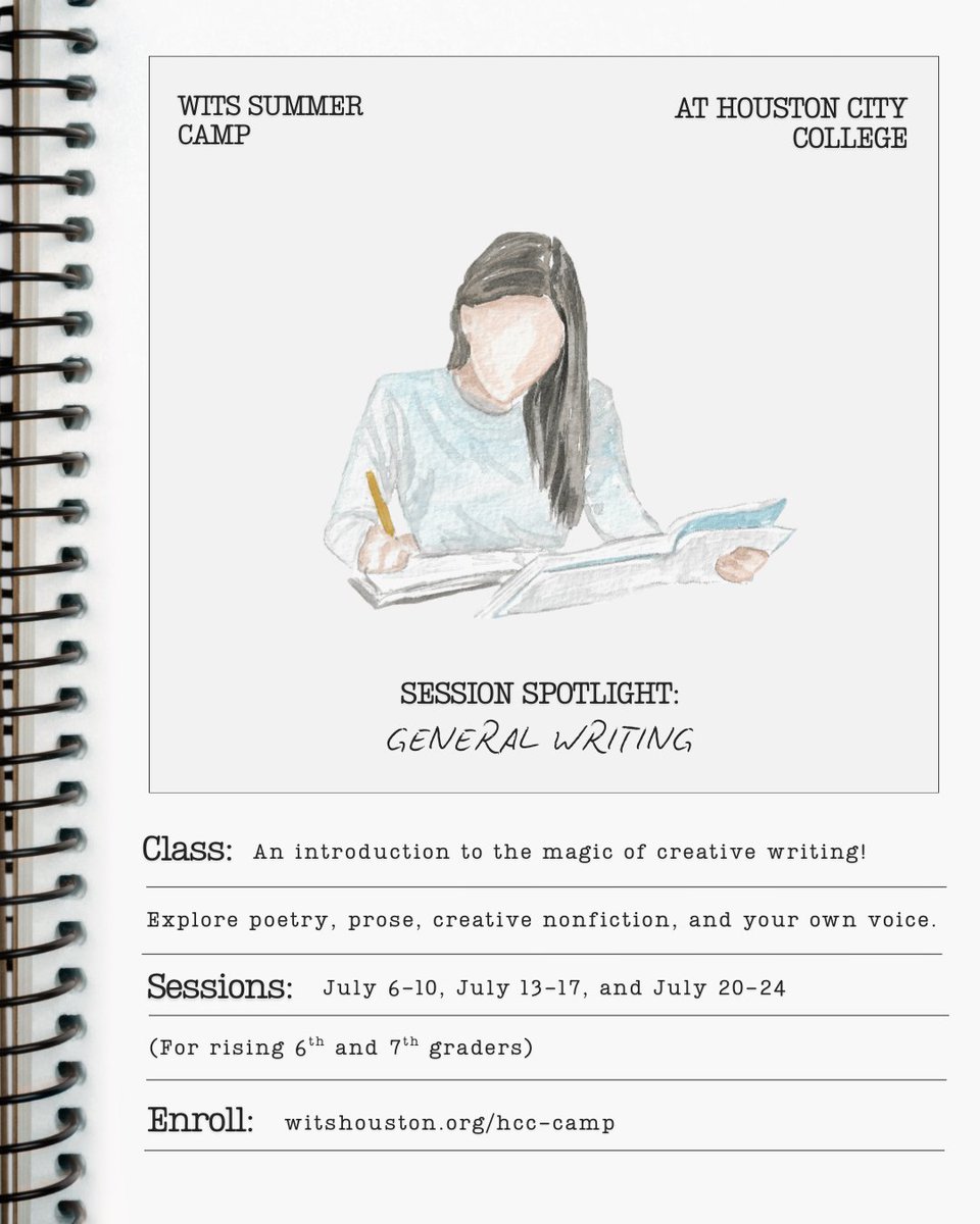witshouston's tweet photo. Program spotlight! We have six exciting new WITS Creative Writing Camps offered this summer at Houston City College's state-of-the-art West Loop campus! Summer enrollment is underway. See https://t.co/8OmKI4QTV8 for details. 
#WITShouston #Houstonsummercamp #Houstonwriters https://t.co/YO9DF2X6ri