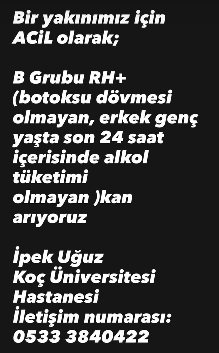 ACİL KAN İHTİYACI

Arkadaşlar kanser tedavisi gören çok sevdiğim biri için acil kan lazım. Bu mesajımı gören herkes RT yapabilir mi? 

Çok ama çok önemli. Yalvarırım...

Bana lazımmış gibi düşünebilirsiniz...

Bu kanı bulalım. Lütfen🙏🙏🙏🙏