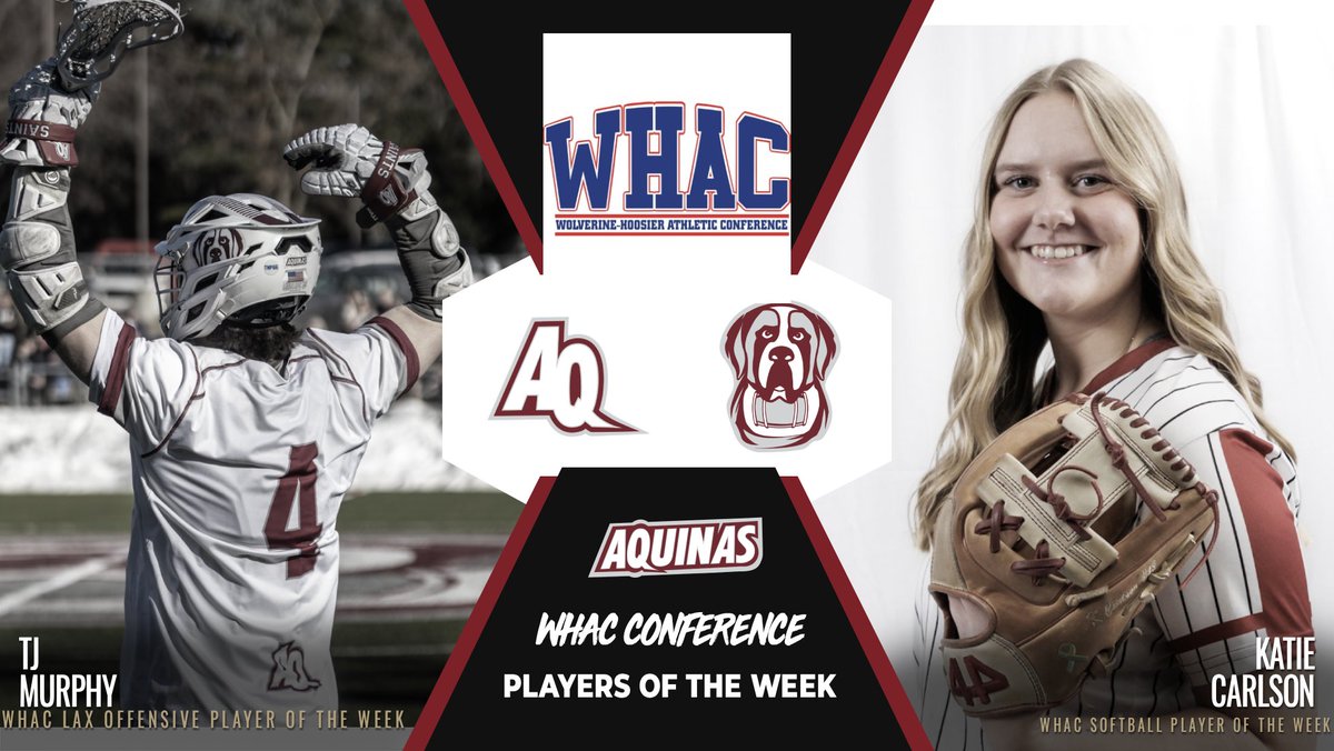 Two Saints. Two big weeks. Two WHAC honors. 🟡🔵

TJ Murphy – Men’s Lacrosse Offensive Player of the Week

Katie Carlson – Softball Player of the Week

Congrats to both Saints for outstanding performances! 

#AQSaints #SaintsMarchOn