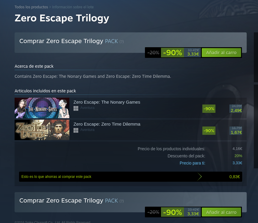 La trilogía Zero Escape está a 3,33€ en Steam. Tres juegazos por 1€ cada uno y con parches al español de los tres juegos (999 próximamente) en nuestra web.
¡A jugarlos todos ahora mismo! ⬇️
store.steampowered.com/bundle/2638/Ze…