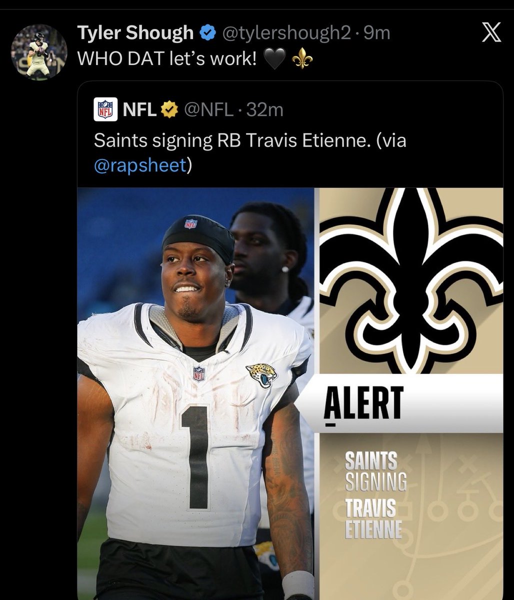 BarstoolNOLA's tweet photo. Saints QB Tyler Shough is CLEARLY a fan of today’s free agency moves https://t.co/lKC472e22M