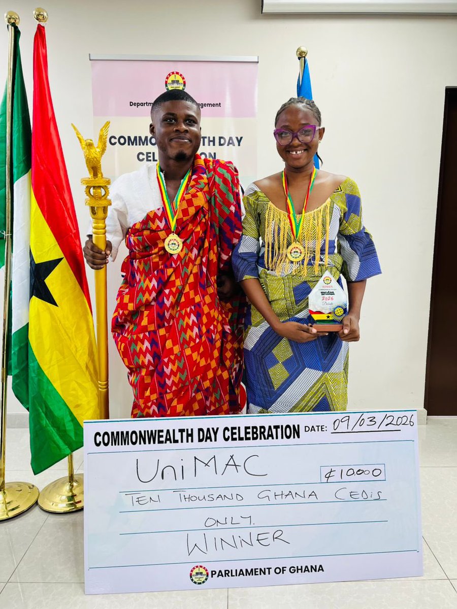UniMACExternal's tweet photo. 📸 A proud moment for UniMAC! 🤩

The External Affairs Office (UniMAC SRC) proudly represented the University at the 2026 Commonwealth Day Debate Competition held at the Parliament of Ghana.

1/2 🧵

#UniMACSRC
#ExternalAffairsOffice #StudentLeadership #CommonwealthDay https://t.co/3rul1QeGQk