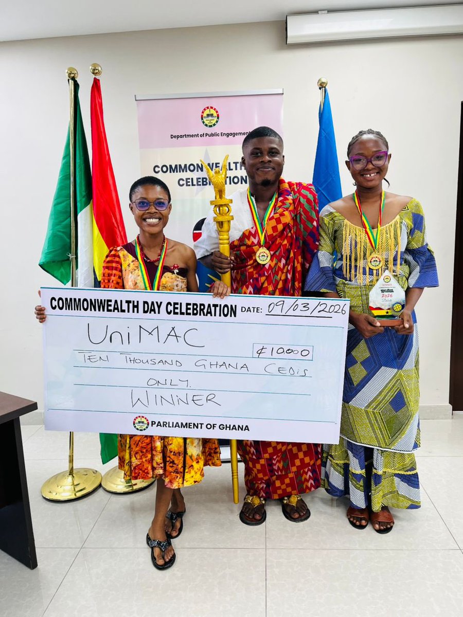 UniMACExternal's tweet photo. 📸 A proud moment for UniMAC! 🤩

The External Affairs Office (UniMAC SRC) proudly represented the University at the 2026 Commonwealth Day Debate Competition held at the Parliament of Ghana.

1/2 🧵

#UniMACSRC
#ExternalAffairsOffice #StudentLeadership #CommonwealthDay https://t.co/3rul1QeGQk