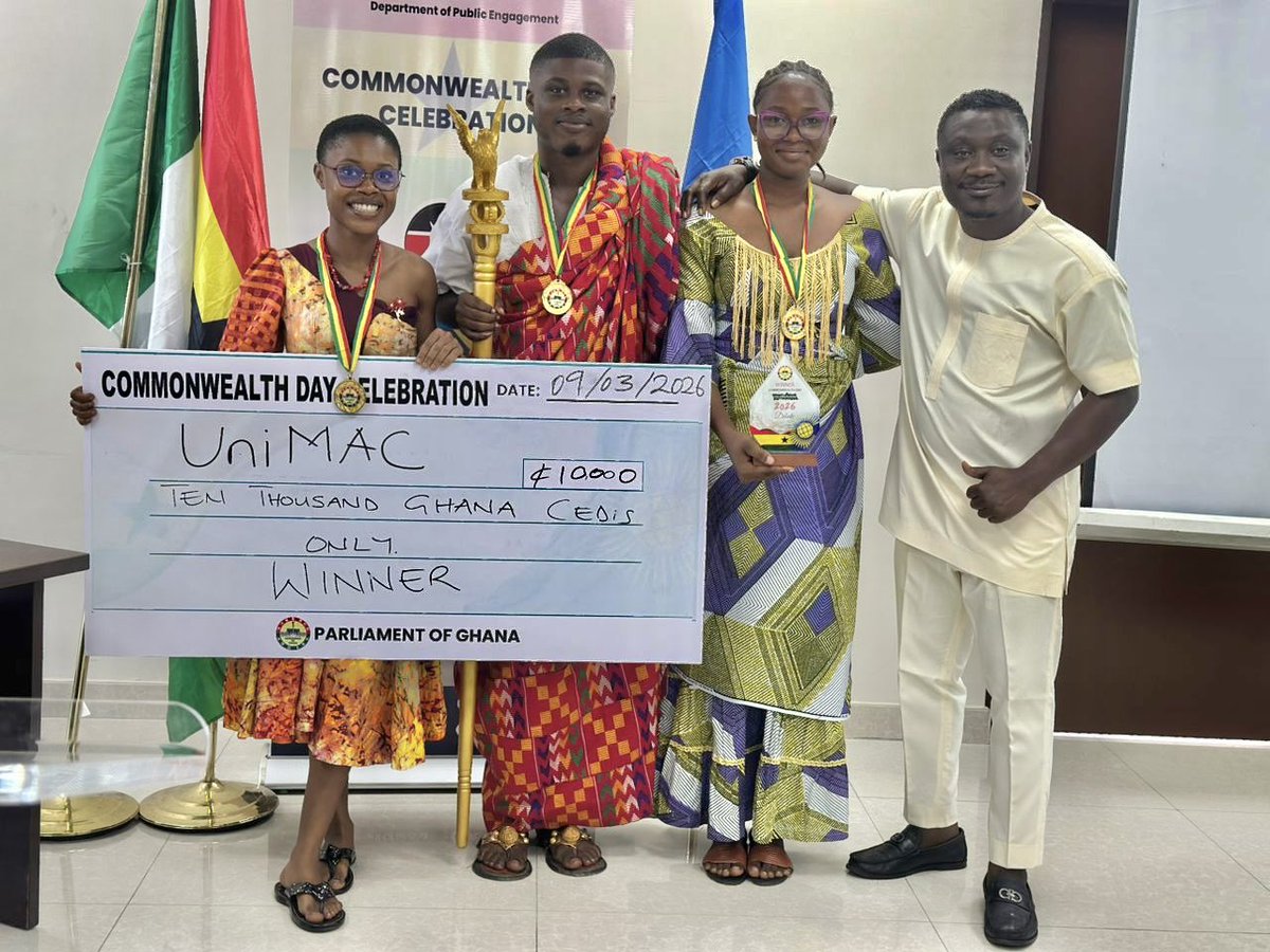 UniMACExternal's tweet photo. 📸 A proud moment for UniMAC! 🤩

The External Affairs Office (UniMAC SRC) proudly represented the University at the 2026 Commonwealth Day Debate Competition held at the Parliament of Ghana.

1/2 🧵

#UniMACSRC
#ExternalAffairsOffice #StudentLeadership #CommonwealthDay https://t.co/3rul1QeGQk