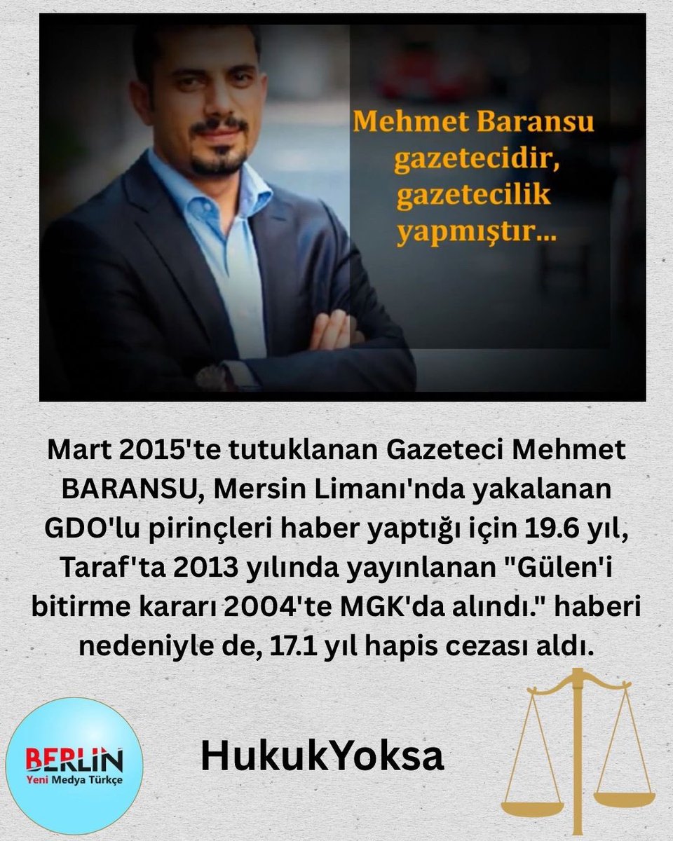 Skut36679377's tweet photo. “Ben Mehmet Baransu. Bugün ‘soğuk’ denilen Silivri’deyim. Ama suçlu olduğum için değil, doğru bildiğimi söylemekten vazgeçmediğim için buradayım.”
Gazeteci Mehmet Baransu, GDO’lu pirinç haberini yaptığı için 2 Mart 2015’te tutuklandı.
Bugün tam 11 yıl oldu
#KHKlılarÇözümBelliyor https://t.co/RAxDBM1WRK