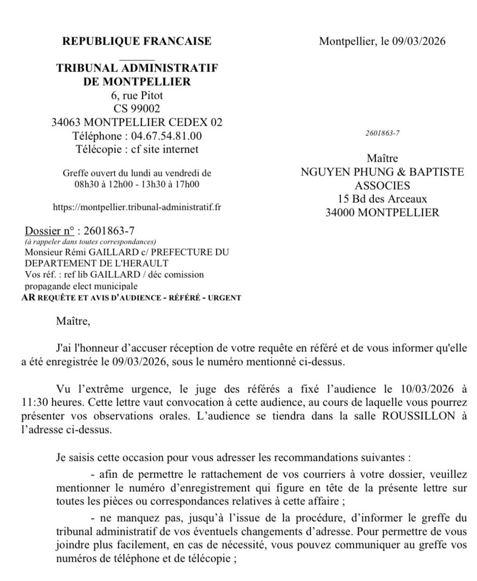 ⚖️ Nous avons saisi le juge en référé liberté après le refus d’envoyer mon programme aux électeurs, suite à un signalement du PS de <a href="/MDelafosse/">Michaël Delafosse - Maire de Montpellier</a>.

📄 Voici la convocation du tribunal administratif.

📅 Audience demain à 11h30 au tribunal administratif de Montpellier.

Visiblement,