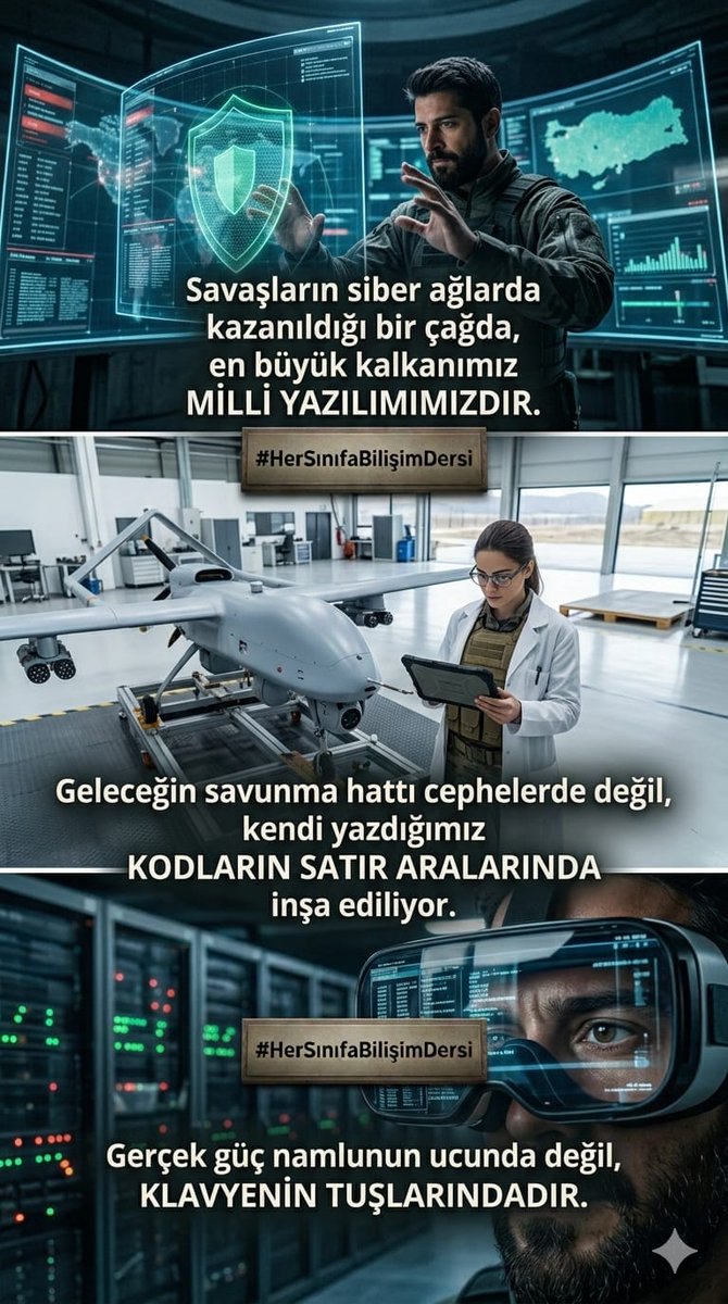 Tank, top, tüfek bir çağın gücüydü.
Bugünün gücü algoritmalar ve veri.
Geleceği savunmak istiyorsak çocuklarımıza kod yazmayı öğretmeliyiz.
#HerSınıfaBilişimDersi