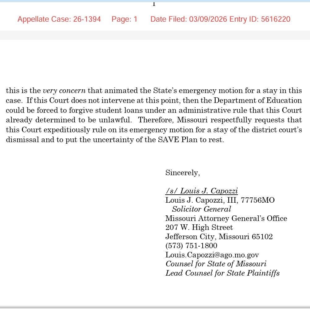 [BREAKING] The Missouri AG is pleading with the 8th circuit to throw the brakes on the relief borrowers are entitled to under SAVE.

This isn't 2023. It's 2026. <a href="/EDSecMcMahon/">Secretary Linda McMahon</a> could repeal SAVE any time she wants. Yet we're still here playing stupid games.

storage.courtlistener.com/recap/gov.usco…