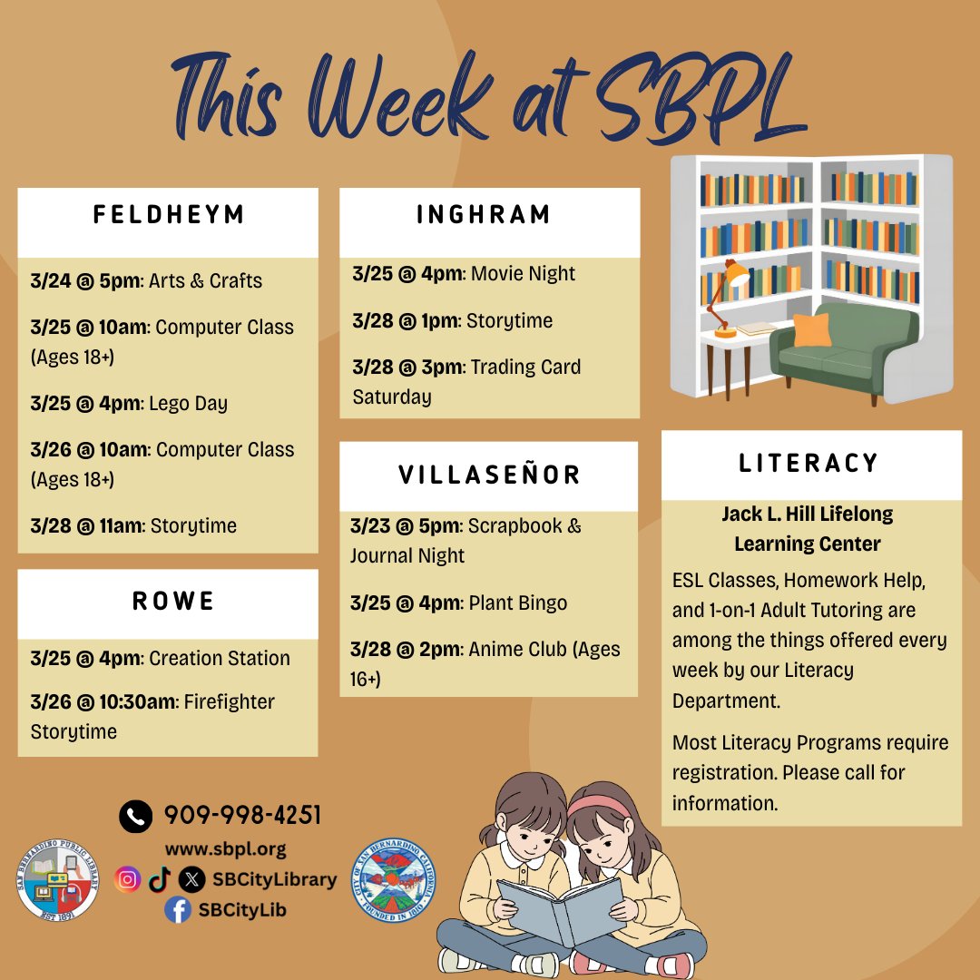 SBCityLibrary's tweet photo. Last full week of March already! We've got plenty going on for you, so take a peek and plan your week with us #SBPL #Library #SanBernardino #InlandEmpire #WeeklySchedule https://t.co/hWm5LqQgLo
