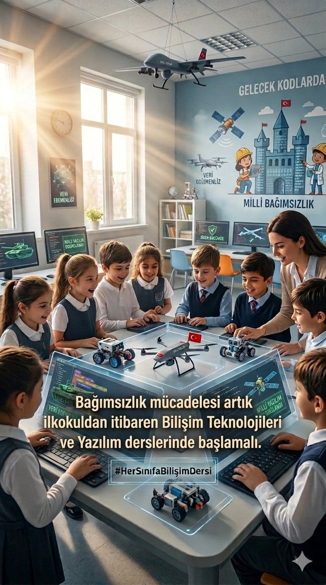 Ülkemizin özgür ve refah bir ülke olarak kalması ve hızla kalkınması için bağımsızlık mücadelemizi küçük yaşlardan itibaren disipliner bilişim teknolojileri eğitimi ile mümkün kılabiliriz. #HerSınıfaBilişimDersi getirerek #MilliYazılım larımızı geliştirelim. <a href="/tcmeb/">Millî Eğitim Bakanlığı</a> <a href="/meb_ttkb/">Talim ve Terbiye Kurulu Başkanlığı</a>
