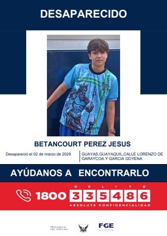 Jesús desapareció el lunes 2 de marzo, es menor de edad y tiene una dificultad cognitiva. La última vez que lo vieron fue en el centro-sur de Guayaquil. Su mamá lo espera. Si lo ven por favor llamen al 911 para reportarlo o a su madre: 0960466142
Compartan su foto