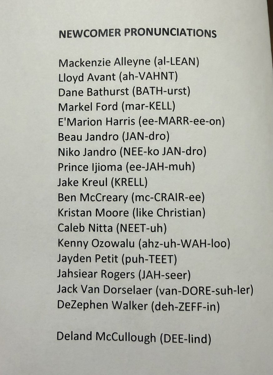GeorgeStoia's tweet photo. Newcomer pronunciations for the #Sooners. 

@Eddie_Rado will be studying this. https://t.co/cEbxvU5xCn