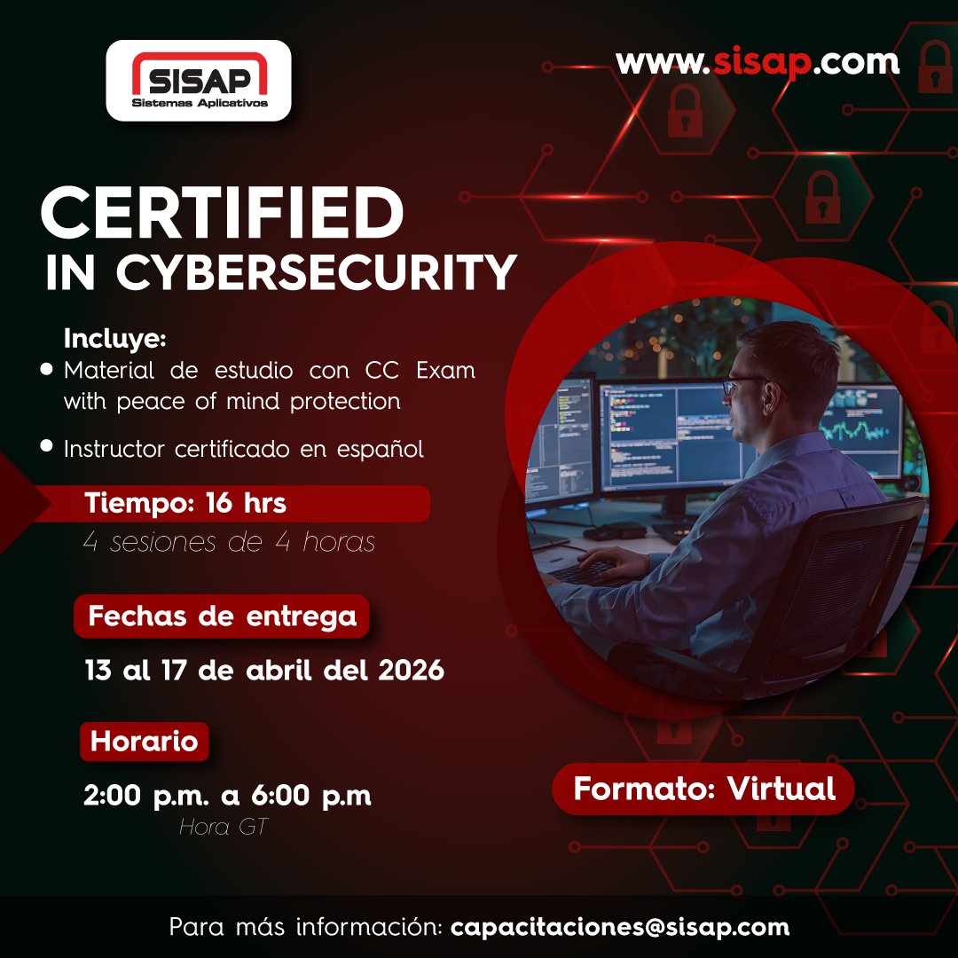 SISAP_LATAM's tweet photo. Eleve el estándar de su organización. Este programa intensivo de 16 horas le otorga las herramientas tácticas necesarias y el respaldo del examen oficial Peace of Mind para asegurar su certificación internacional.
Escríbanos capacitaciones@sisap.com.

#Ciberseguridad #SISAP https://t.co/BeHpSWBHH0