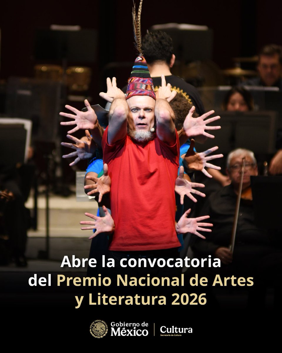ccurieldeicaza's tweet photo. Abrimos la convocatoria del Premio Nacional de Artes y Literatura 2026, el máximo reconocimiento que otorga el Estado mexicano a quienes han enriquecido, con su obra y trayectoria, el patrimonio cultural del país.
 
El premio reconoce aportaciones sobresalientes en Lingüística y Literatura; Bellas Artes; Historia, Ciencias Sociales y Filosofía; y Artes y Tradiciones Populares, campos que reflejan la diversidad y profundidad de la creación y el pensamiento en México. 
 
Las candidaturas se registran en línea a través de la plataforma del @SistemaCreacion 
 
https://t.co/36PGH7sg7L.

@cultura_mx