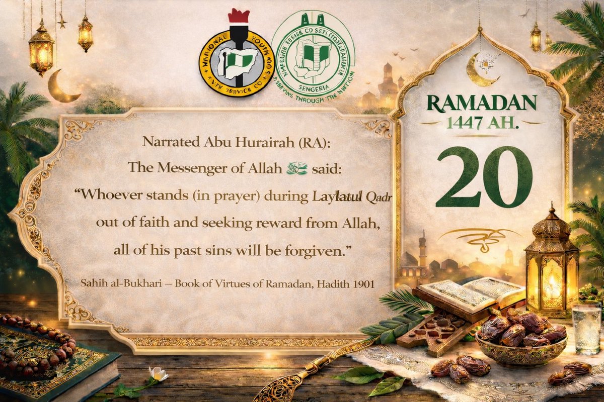 MCANLagos_State's tweet image. Ramadan Day 20 🌙
We’re entering the nights that could change everything. 
A single night of sincere prayer can wipe away years of mistakes.
Don’t let these blessed nights pass you by. 🤲🏽

Like this post and follow for more Ramadan reminders
#mcanlagosstate #muslimcorpers #muslim