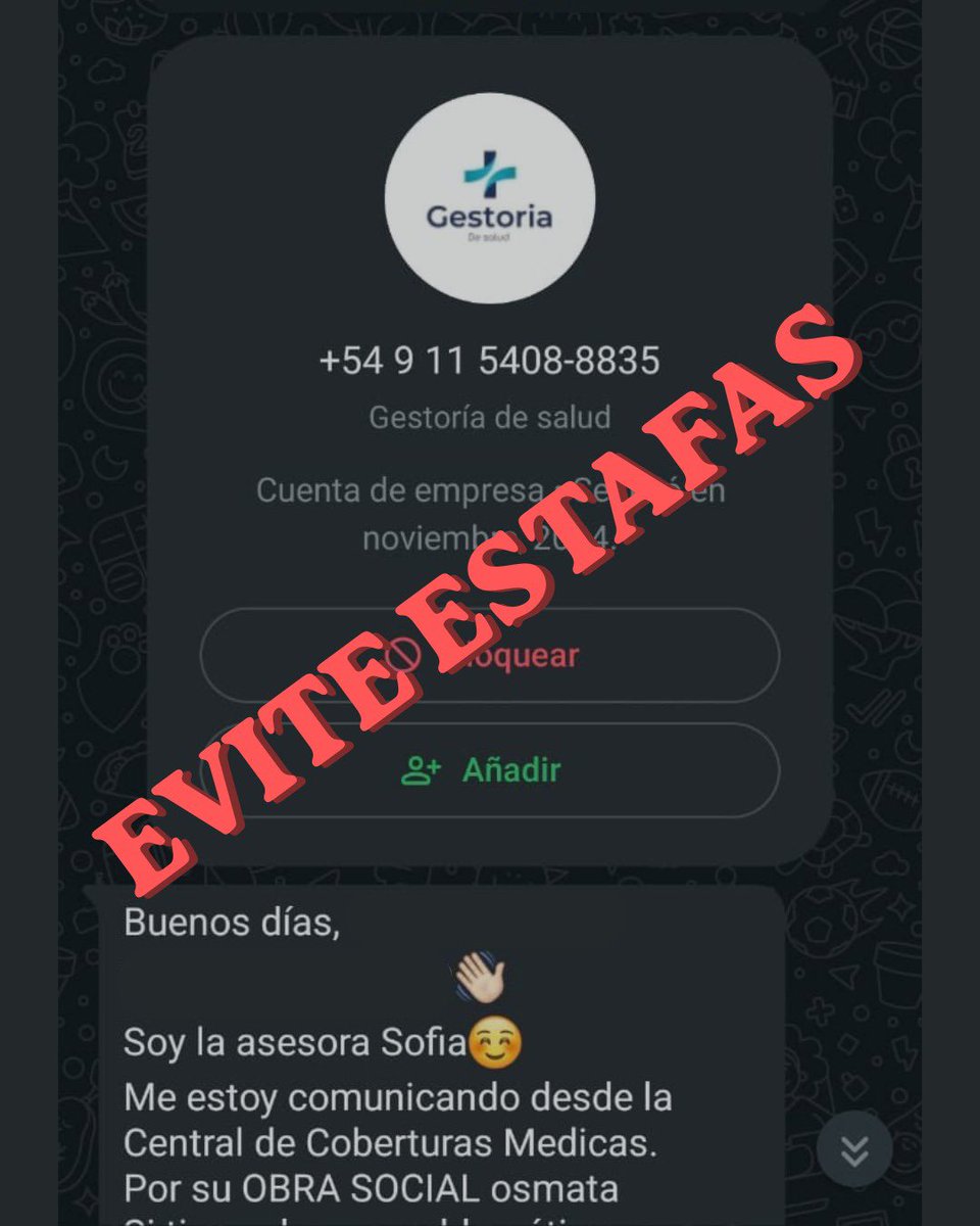 🚨 𝐀𝐋𝐄𝐑𝐓𝐀 𝐃𝐄 𝐄𝐒𝐓𝐀𝐅𝐀

Se están enviando mensajes y realizando llamados 𝐡𝐚𝐜𝐢𝐞́𝐧𝐝𝐨𝐬𝐞 𝐩𝐚𝐬𝐚𝐫 𝐩𝐨𝐫 𝐚𝐬𝐞𝐬𝐨𝐫𝐞𝐬 𝐨 𝐠𝐞𝐬𝐭𝐨𝐫𝐞𝐬 𝐝𝐞 𝐬𝐚𝐥𝐮𝐝.

🔔El objetivo de estos contactos es obtener datos personales 𝐩𝐚𝐫𝐚 𝐫𝐞𝐚𝐥𝐢𝐳𝐚𝐫 𝐜𝐚𝐦𝐛𝐢𝐨𝐬