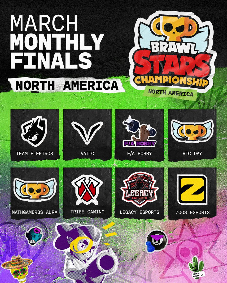North America’s path to the #BSC26 March Monthly Finals is complete 👏

▫️<a href="/TeamElektros/">Team Elektros</a> 
▫️<a href="/vatic_bs/">Vatic - Brawl Stars</a> 
▫️"F/A Bobby"
▫️"Vic Day"
▫️"MathgamerBS Aura"
▫️<a href="/TribeGaming/">Tribe Gaming</a> 
▫️<a href="/lgcyesport/">Legacy Esports</a> 
▫️<a href="/zoosesports/">ZOOS</a> 

North America Finals go live March 22 @ 19:00 UTC 🗓️