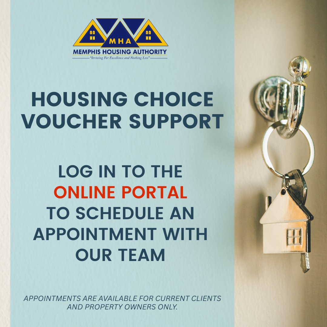 housing_memphis's tweet photo. Need help with your voucher? Log in to your tenant portal to schedule an appointment. 

Available openings:
Tuesdays and Wednesdays from 9:30 a.m. to 3:30 p.m. https://t.co/C0F7J0gMr8