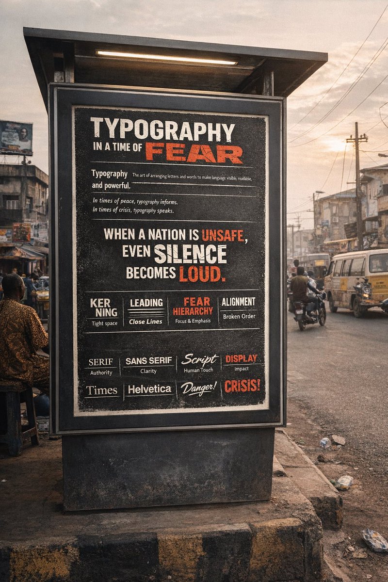 Willzhimself's tweet image. Typography doesn’t just arrange letters. Sometimes it arranges truth.
A poster exploring how design can reflect the reality of insecurity in Nigeria.
When a nation feels unsafe, even silence becomes loud.
#Typography #GraphicDesign #DesignThinking