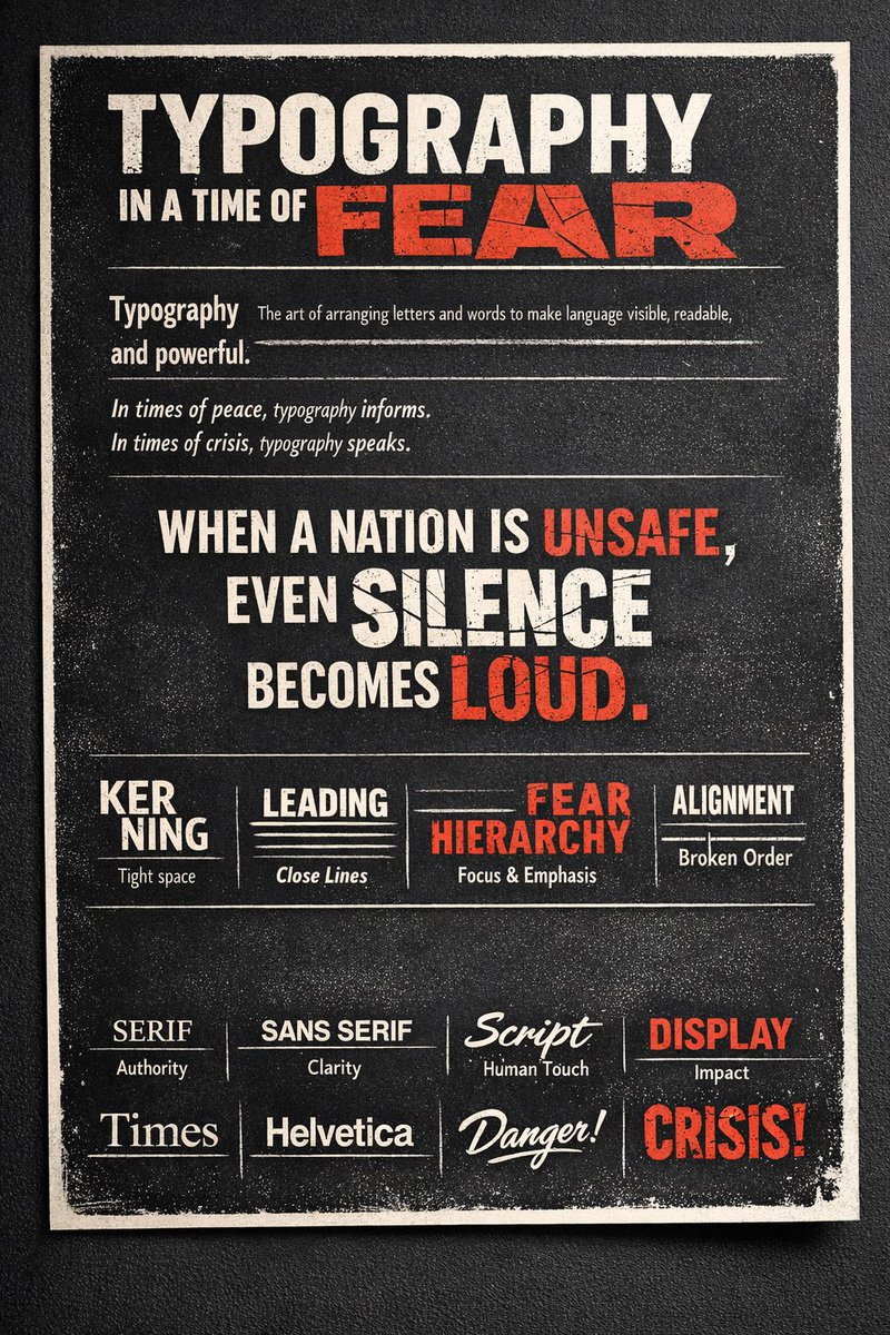 Willzhimself's tweet image. Typography doesn’t just arrange letters. Sometimes it arranges truth.
A poster exploring how design can reflect the reality of insecurity in Nigeria.
When a nation feels unsafe, even silence becomes loud.
#Typography #GraphicDesign #DesignThinking